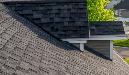 residential asphalt shingle roof close up view overlooking suburban neighborhood landscape at sunset photo