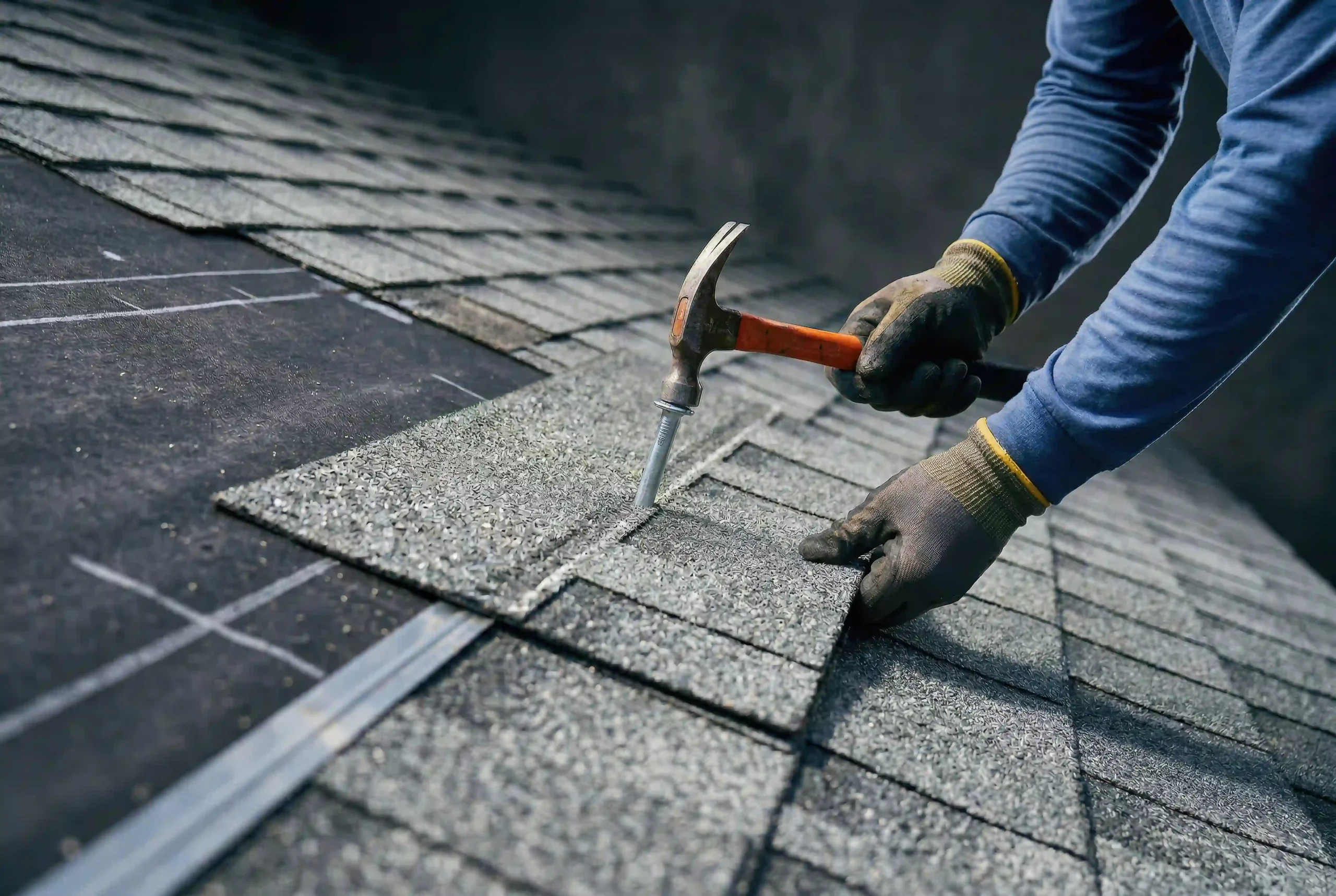roofing contractor hammering grey asphalt shingles onto a residential house roof photo