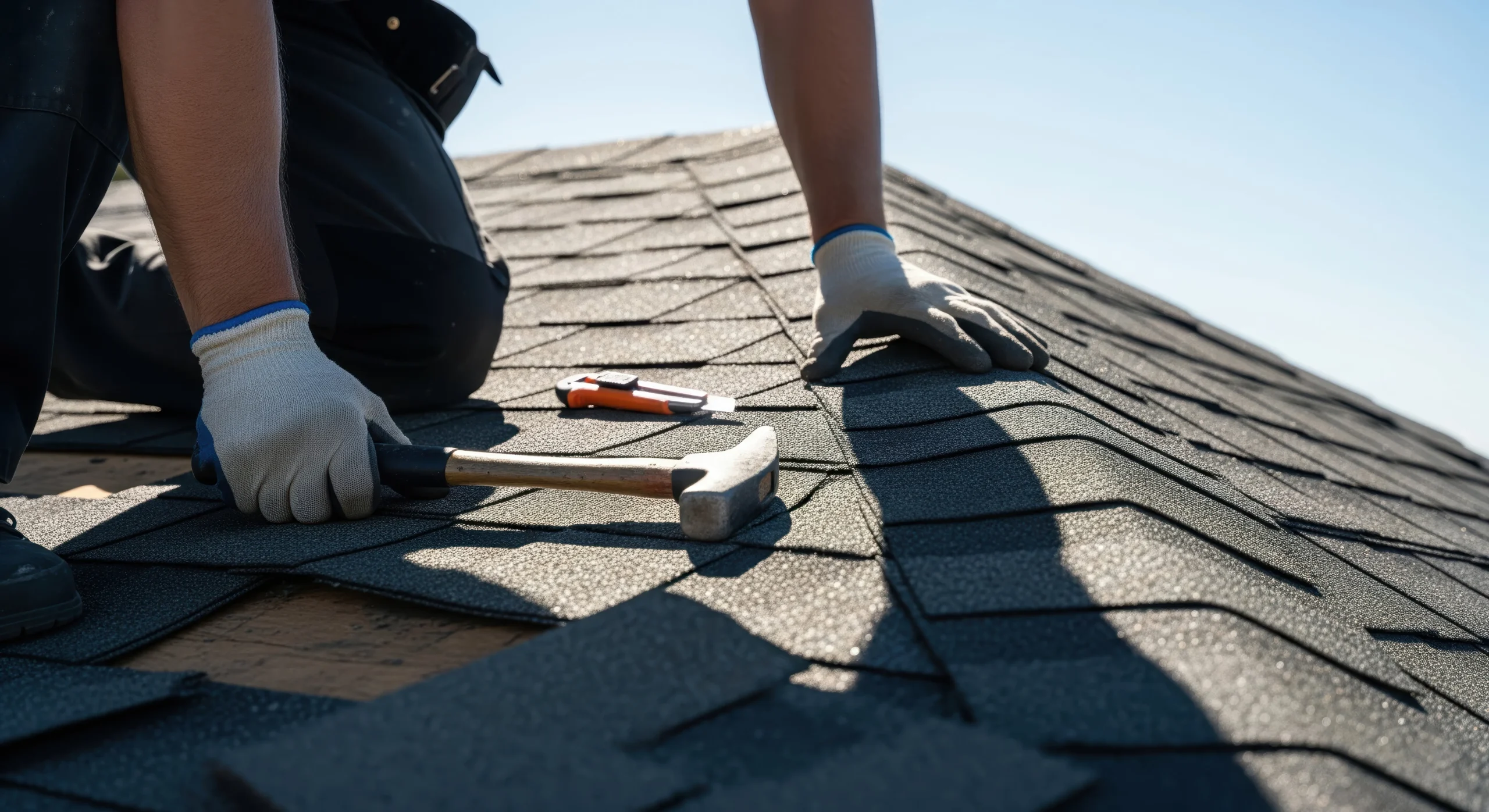 roofing repair closeup of worker installing shingles photo 1